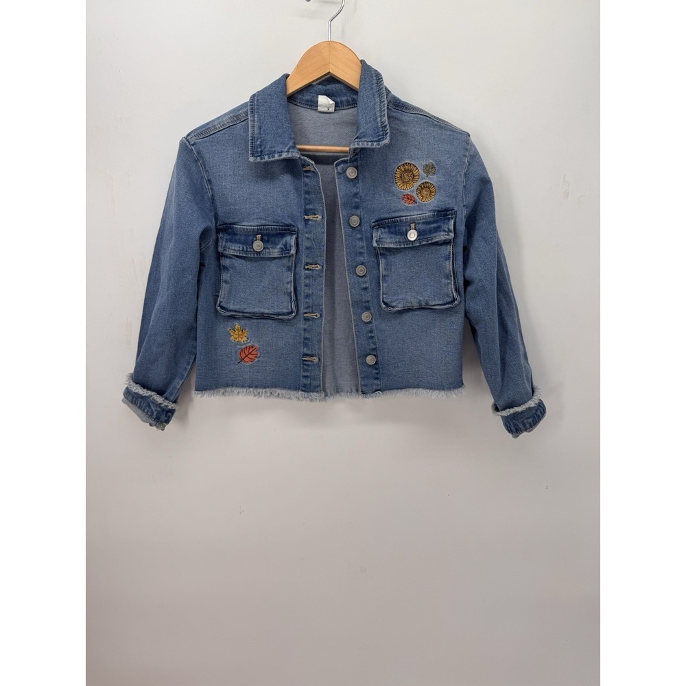 Girls Denim Jacket Size M Fall Autumn Sunflower Leaves Cropped Jean Coat Boho